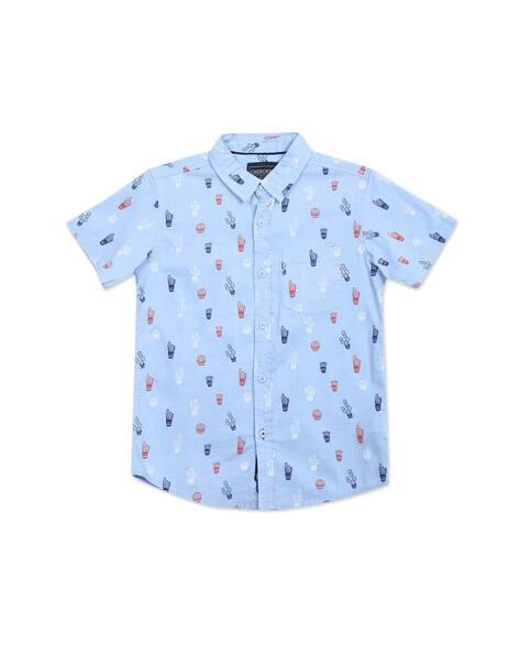 Boys Blue Spread Collar Short Sleeves Printed Shirt