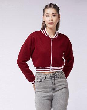 Crop Bomber Jacket with Contrast Hems