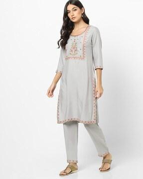 Floral Embroidered Straight Kurta with Pants