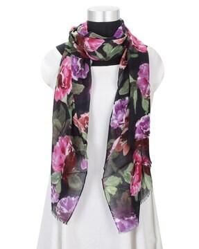 Floral Print Scarf with Frayed Hemline