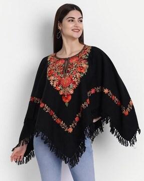Floral Embroidered Poncho with Tassle