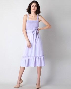 Square-Neck Tiered Dress with Waist Tie-Up