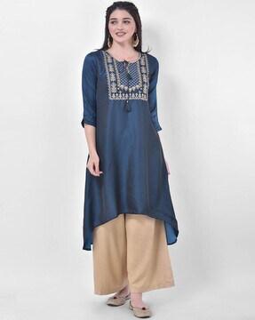 Floral Embroidered A-line Kurta with Neck Tie-Up