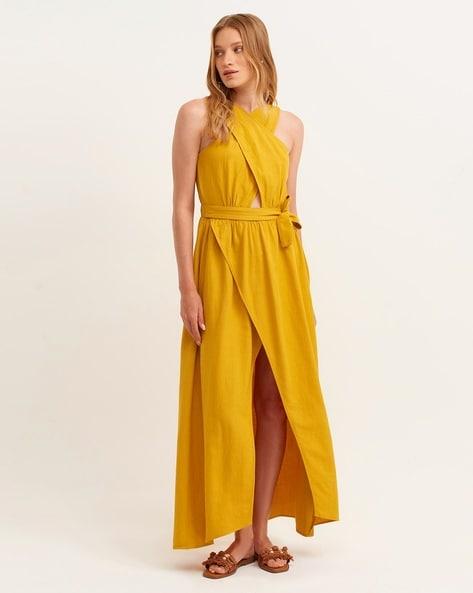 Front-Slit A-line Dress with Waist Tie-Up