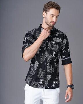 Floral Print Slim Shirt with Patch Pocket