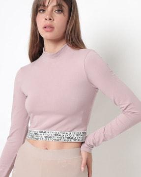 High-Neck Crop T-shirt with Typography Print