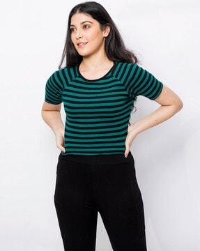 Striped Round-Neck Top with Raglan Sleeves