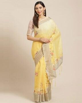 Floral Print Linen Saree with Tassels