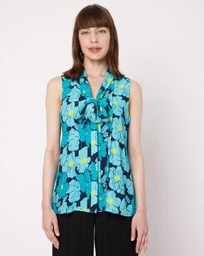 Floral Print V-neck Top with Neck Tie-Up