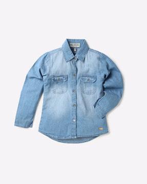 Washed Denim Shirt with Buttoned Flap Pocket