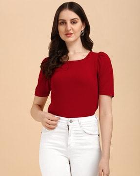 Square-Neck Top with Puff Sleeves