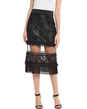 Lace Straight Skirt with Tassels