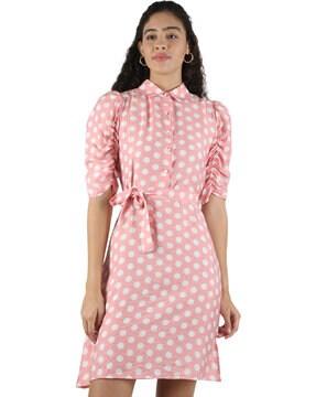 Polka-Dot A-line Dress with Belt