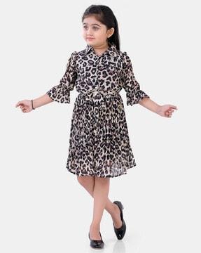Printed Fit & Flare Dress with Waist Tie-Up