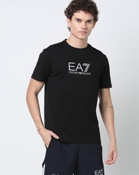 7 Lines Half Sleeves Crew-Neck T-shirt with Contrast Logo