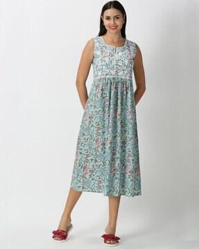 Embroidered Sleeveless Dress with Notched Neckline