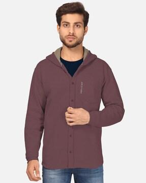 Button-Down Hooded Sweatshirt with Patch Pocket