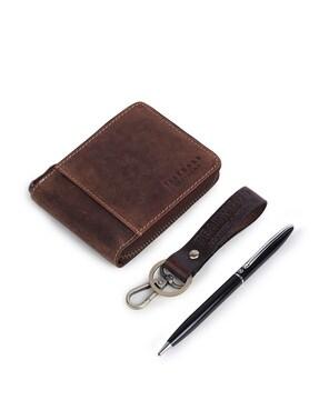 Leather Zip-Around Wallet with Key Chain & Pen Gift Set