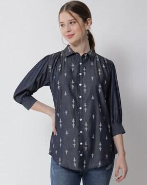 Block Print Shirt with Puff Sleeves