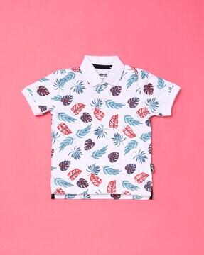 Leaf Print Cotton Polo T-shirt