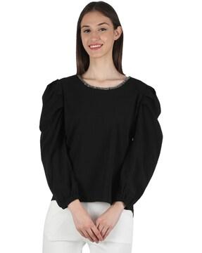 Round-Neck Top with Puff Sleeves