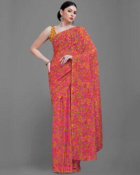 Floral Print Saree with Unstitched Blouse Piece
