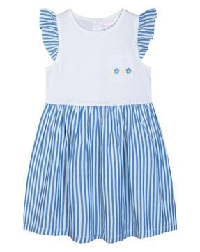 Striped Fit and Flare Dress with Puff Sleeves