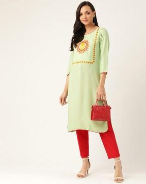 Indian Embroidered Straight Kurta with Mirror Work