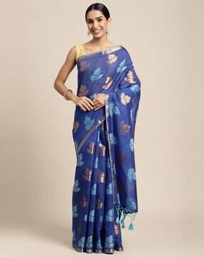 Leaf Print Banarasi Silk Saree with Blouse Piece 