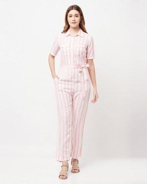 Striped Jumpsuit with Waist Patch Pockets