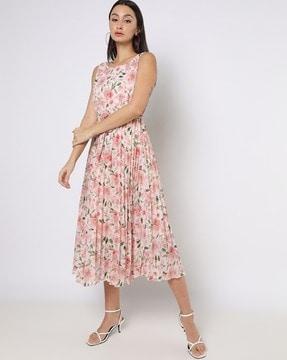 Printed Fit & Flare Dress with Fabric Belt