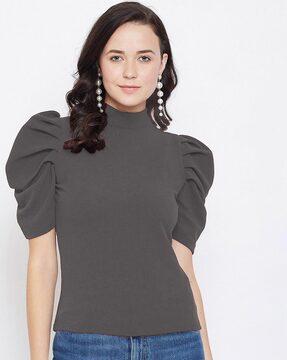 Turtle-Neck Top with Puff Sleeve
