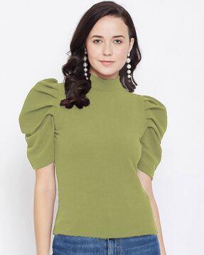 High-Neck Top with Puff Sleeves