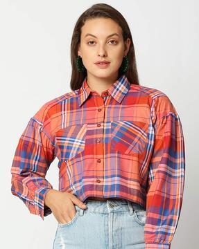 Checked Shirt with Drop-Shoulder Sleeves