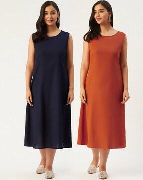 Pack of 2 Solid Round-Neck A-line dress