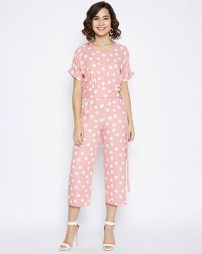 Polka-Dot Print Jumpsuit with Waist Tie Up