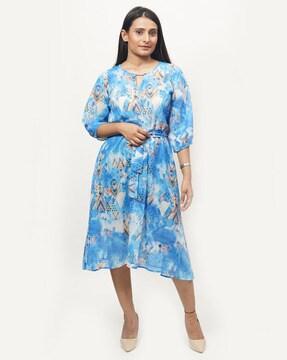 Printed Fit & Flared Dress with Kimono Sleeves