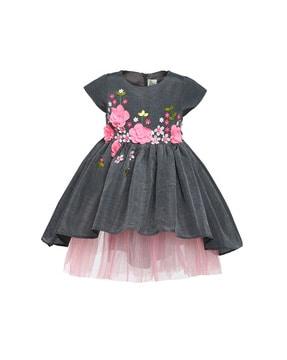 Gathered A-line Dress with Floral Applique