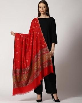 Floral Woven Shawl with Fringes