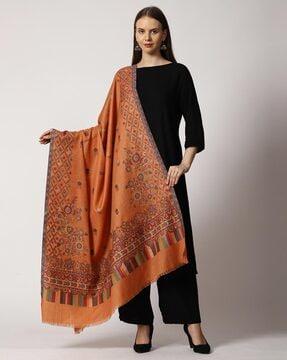 Floral Woven Shawl with Fringes
