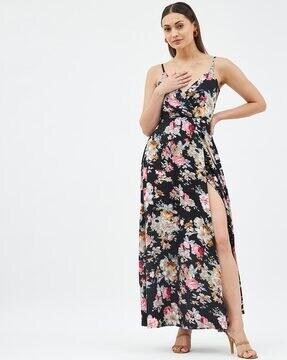 V-Neck Floral Print Dress with Side Slit