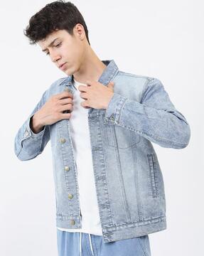 Heavily Washed Denim Jacket with Pockets