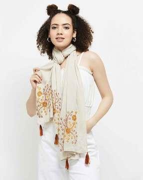 Floral Embroidered Scarf with Tassels