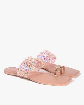 Basket-Weave Toe-Ring Flat Sandals
