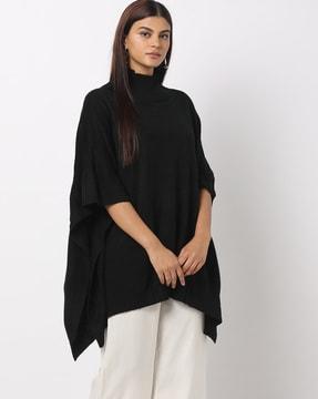 High-Neck Poncho with Ribbed Hems