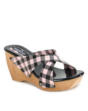 Checked Criss-Cross Strap Wedges