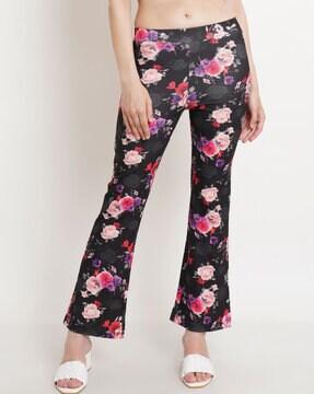 Floral Print Flat-Front Bootcut Trousers