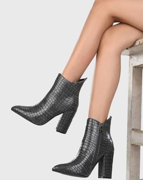Croc-Embossed Pointed-Toe Ankle-Length Boots