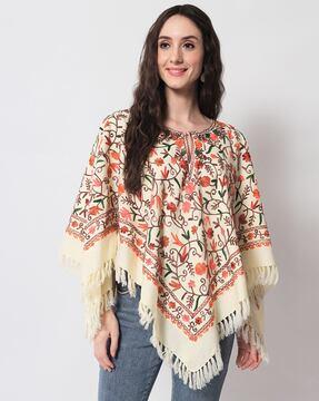 Floral Print Poncho with Tassels