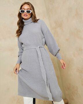 Ribbed Turtle-Neck A-Line Dress